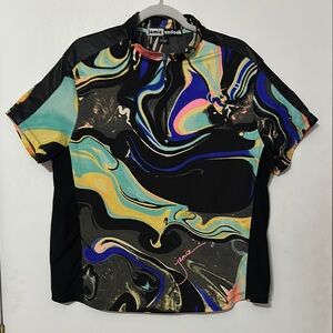 Jamie Sadock Black and Blue Casual Button Down Shirt with Abstract Design